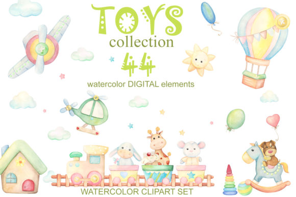 Watercolor Animals and Toys Clipart