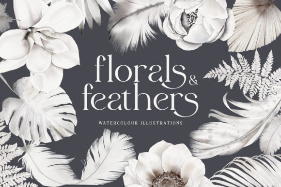White Cream Watercolor Flowers Feathers